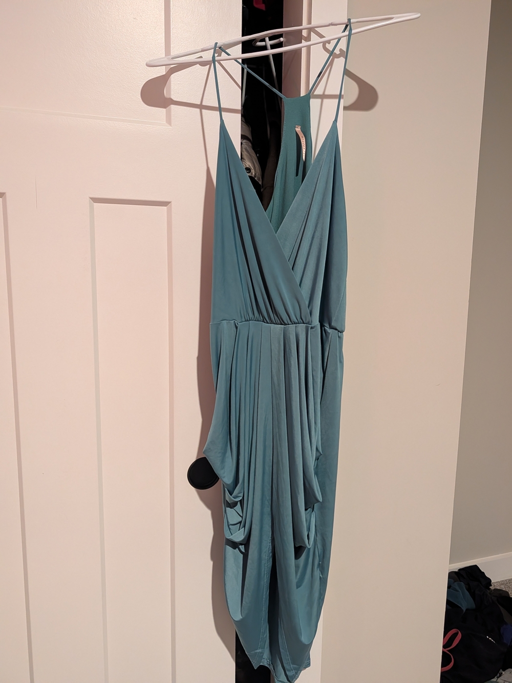 Mezzanine Teal Draped Midi Dress Spaghetti Strap Surplice V-Neck